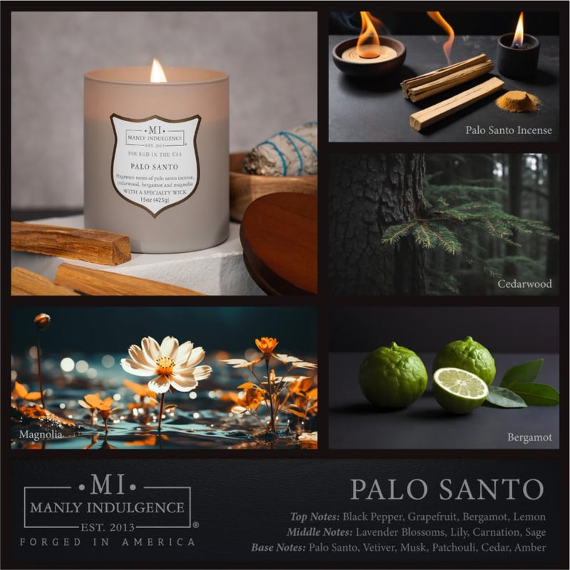 Manly Indulgence Palo Santo Scented Candles for Men, 15 oz Wooden Wick, Premium Soy Blend Wax, 60H Burn, Candles for Home Scented - Made in The USA - Image 2